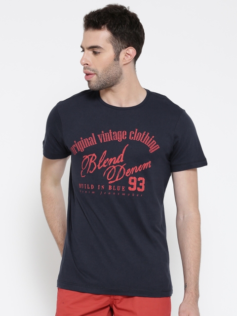 

BLEND Men Navy Printed Slim Fit Round Neck T-shirt, Navy blue