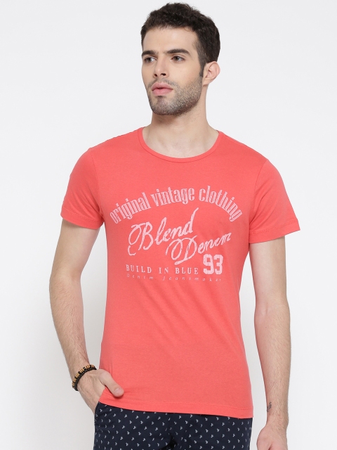 

BLEND Men Coral Orange Printed Slim Round Neck T-shirt