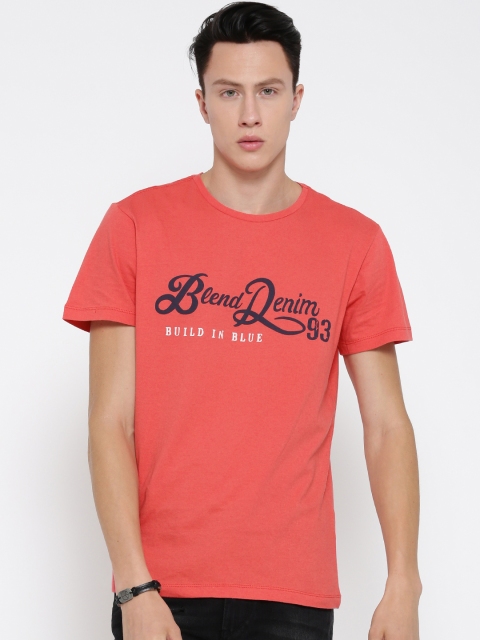 

BLEND Men Coral Pink Printed Round Neck Pure Cotton T-shirt