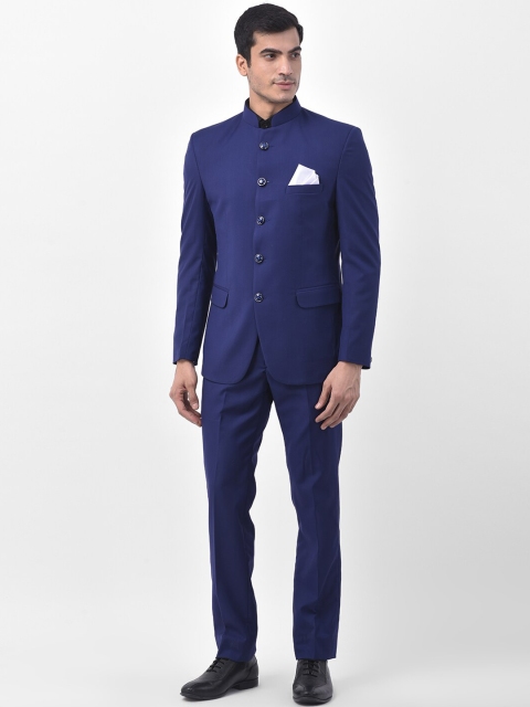 

LUXURAZI Men Navy Blue Solid Slim-Fit Single-Breasted Bandhgala Two-Piece Formal Suit