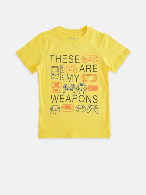 

Pantaloons Junior Boys Yellow & Black Typography Printed Pure Cotton T-shirt