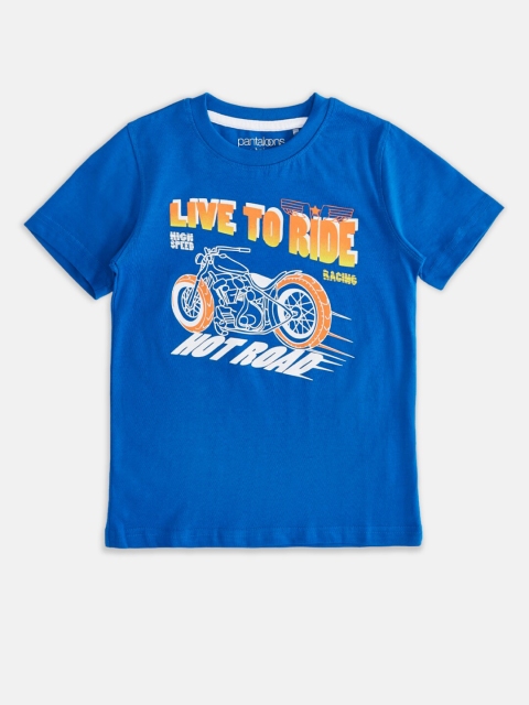 

Pantaloons Junior Boys Blue & Yellow Typography Printed Pure Cotton T-shirt