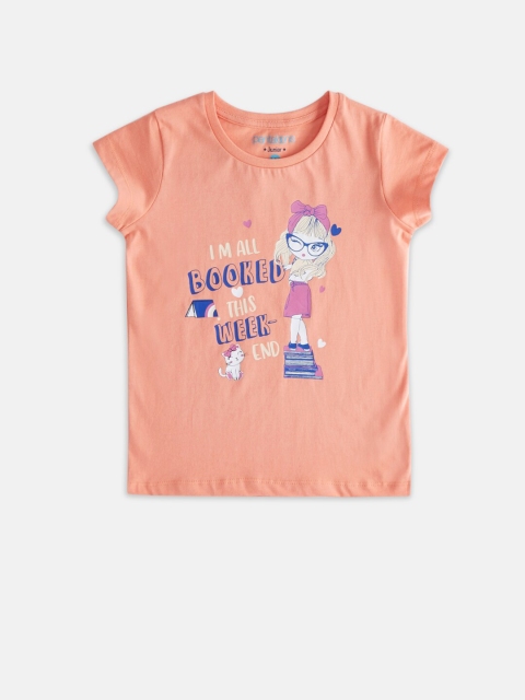 

Pantaloons Junior Girls Peach Typography Printed Pure Cotton T-shirt