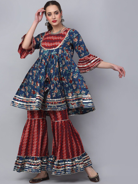 

Rudra Bazaar Women Blue & Maroon Floral Printed Pleated Pure Cotton Kurta With Sharara