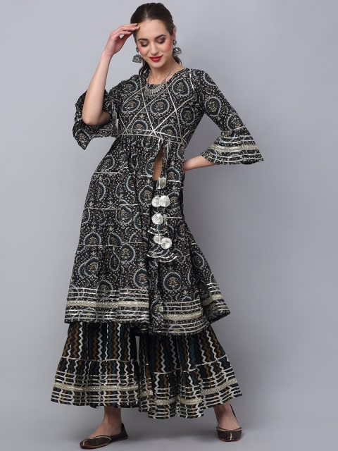 

Rudra Bazaar Women Black Ethnic Motifs Printed High Slit Gotta Patti Pure Cotton Kurta with Sharara
