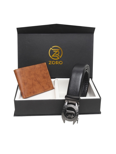 

ZORO Men Black & Tan Brown Textured Wallet & Belt Accessory Gift Set