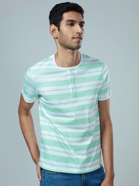 

The Souled Store Men Mint Green & White Striped Henley Neck Cotton T-shirt