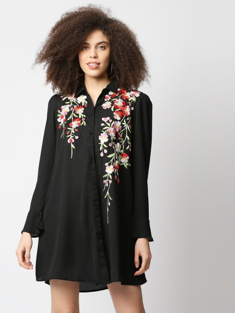 

aaliya Women Black & White Floral Embroidered Crepe Shirt Dress