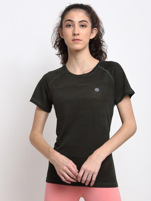 

BUKKUM Women Olive Green & Black Camouflage Printed Slim Fit Training or Gym T-shirt