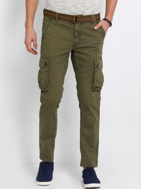 

t-base Men Green Tapered Fit Easy Wash Cargos Trousers