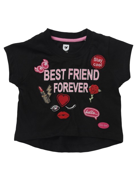 

612 league Girls Black & Pink Printed Pure Cotton Top