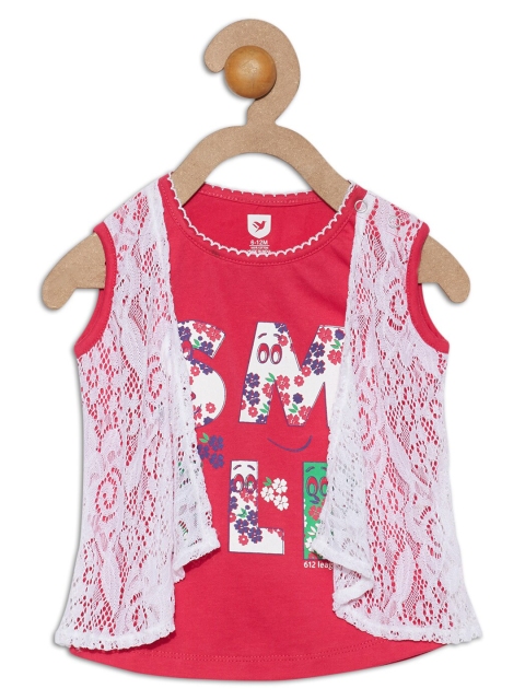 

612 league Girls Red Layered Printed Pure Cotton Top