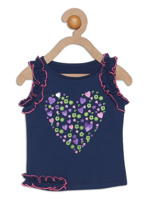 

612 league Girls Navy Blue Glittered Pure Cotton Top