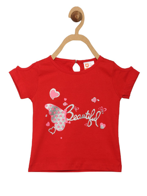 

612 league Girls Red Graphic Printed Pure Cotton Top