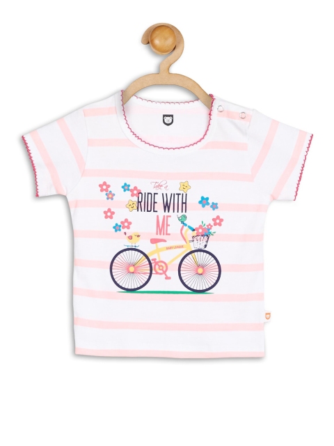 

612 league Girls White & Coral Graphic Printed Pure Cotton Top