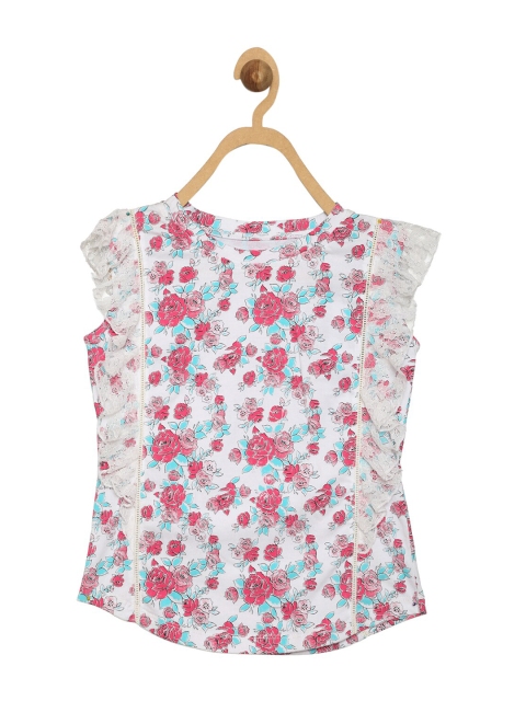 

612 league White & Pink Floral Print Ruffles Pure Cotton Top