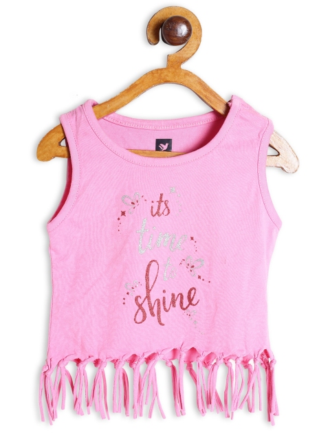 

612 league Pink & White Print Fringed Pure Cotton Top