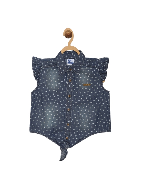 

612 league Girls Blue Floral Printed Shirt Style Pure Cotton Denim Top