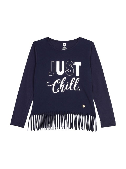 

612 league Navy Blue & White Just Chill Printed Fringed Pure Cotton Top