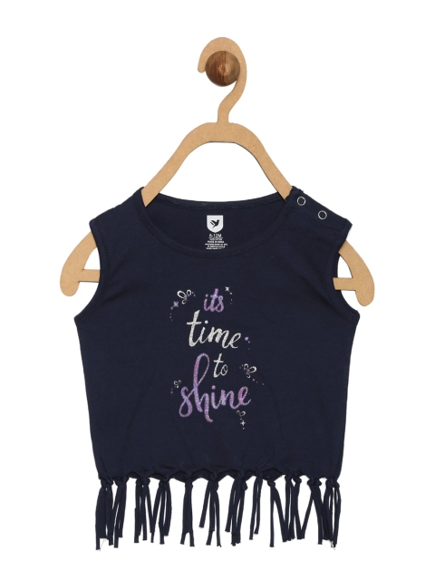 

612 league Navy Blue & Purple Its Time To Shine Printed Fringed Pure Cotton Top