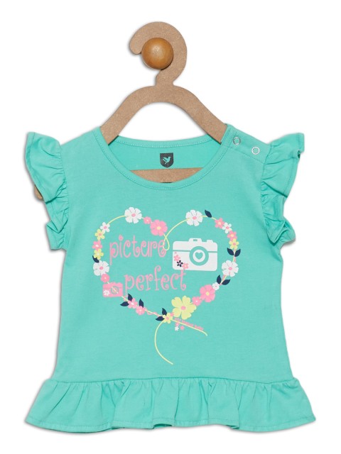 

612 league Sea Green & Pink Printed Pure Cotton Top