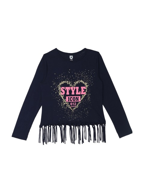 

612 league Girls Navy Blue Print Fringed Cotton Top