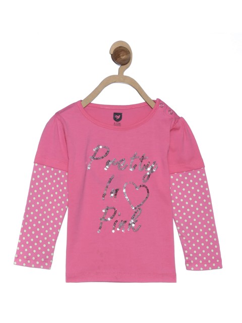 

612 league Pink & White Polka Dots Printed Sequined Pure Cotton Top