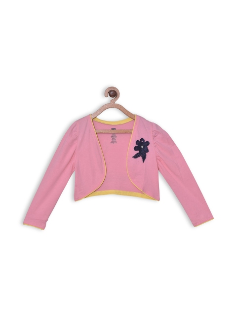 

612 league Girls Pink Pure Cotton Open Front Shrug With Applique