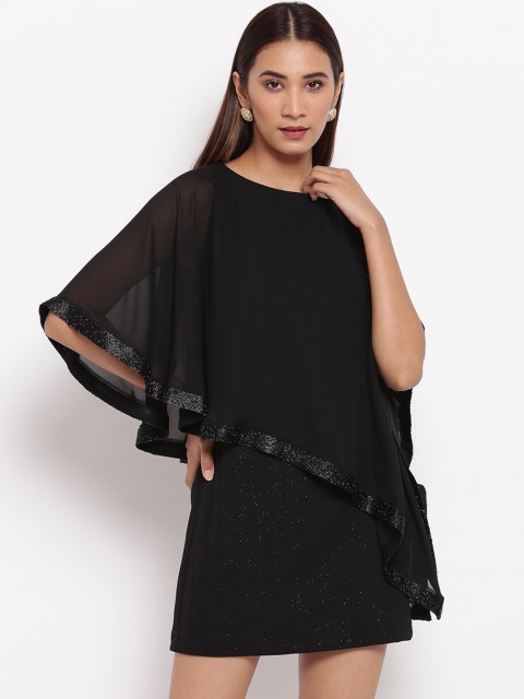 

radka Black Georgette A-Line Sheer Cape Shimmer Mini Dress