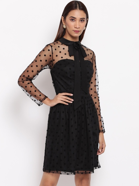 

radka Women Black Tie-Up Neck Bow Net Dress