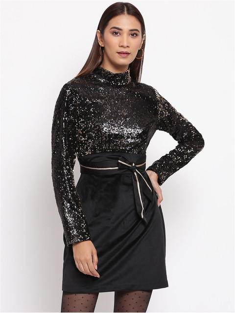 

radka Women Black Sequined Embellished Sheath Mini Dress