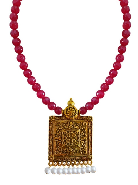 

RICH AND FAMOUS Red & Gold-Plated Quartz Agate Beaded Square Shape Pendant Necklace