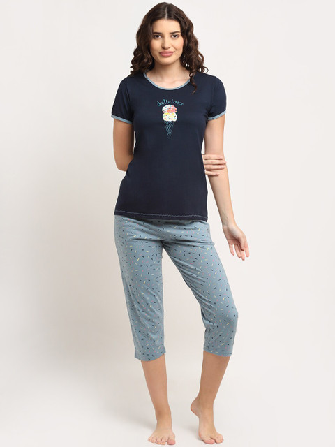 

Kanvin Women Navy Blue & Grey Printed Capri Night Suit