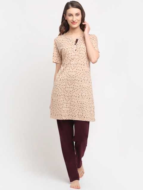 

Kanvin Women Camel Brown & Beige Printed Printed Night Suit