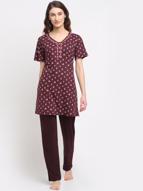 

Kanvin Women Brown & Pink Printed Cotton Night suit