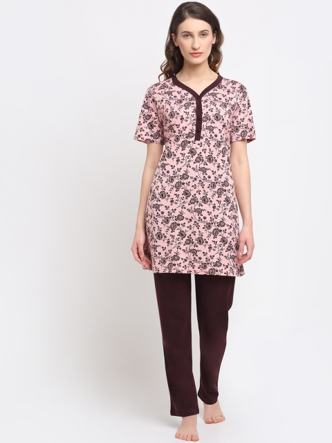 

Kanvin Women Pink & Brown Floral Printed Longline Night suit