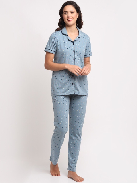 

Kanvin Women Blue Printed Pure Cotton Night Suit