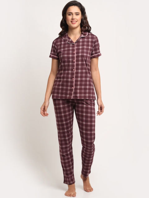 

Kanvin Women Maroon & Grey Checked Pure Cotton Night suit
