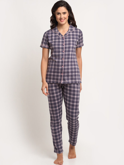 

Kanvin Women Purple & Pink Checked Night suit