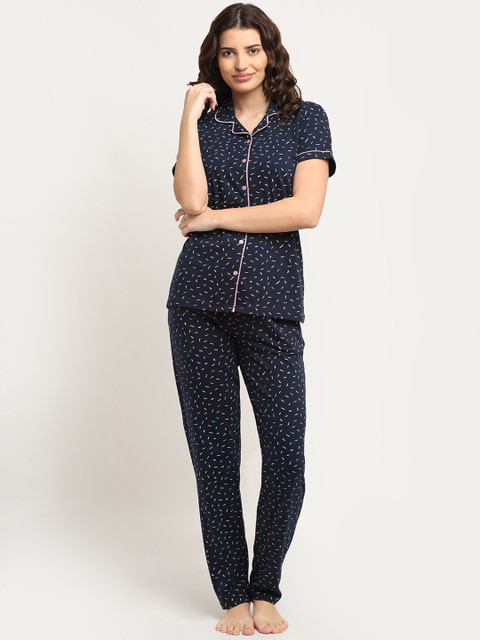 

Kanvin Women Navy Blue & Pink Printed Night suit