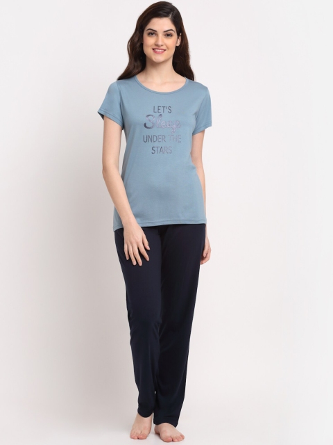 

Kanvin Women Blue & Black Typography Printed Cotton Night suit