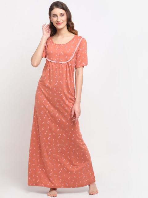 

Kanvin Women Coral Printed Maxi Nightdress