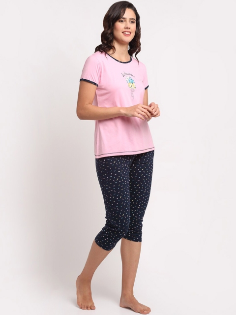 

Kanvin Women Pink & Navy Blue Printed Cotton Night suit