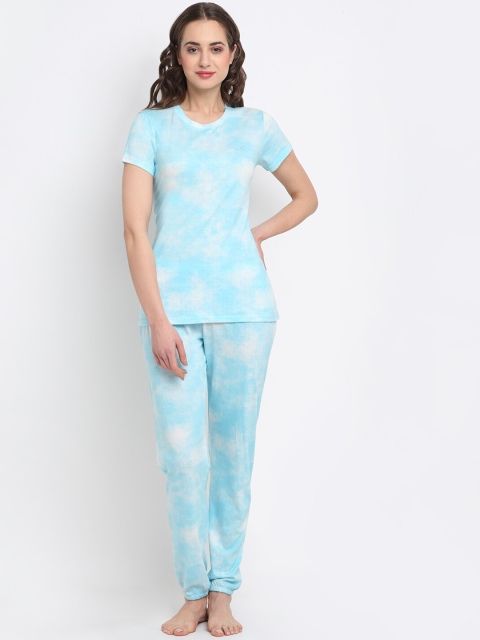 

Kanvin Women Turquoise Blue & White Tie-Dye Printed Night Suit