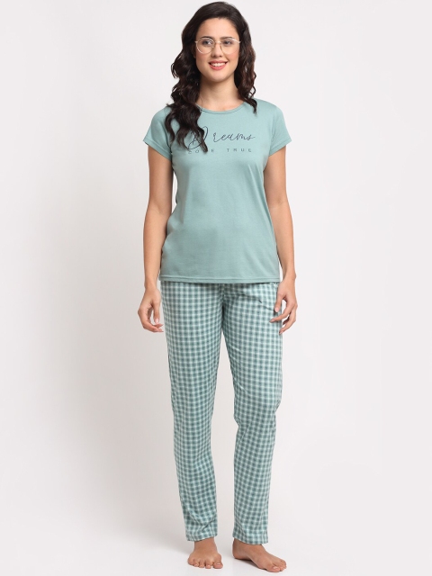 

Kanvin Women Sea Green & White Printed Pure Cotton Night suit