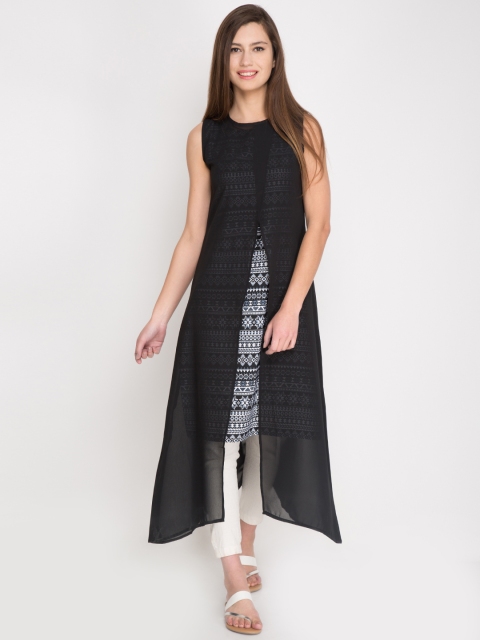 

Vishudh Women Black & White Printed Layered A-Line Kurta