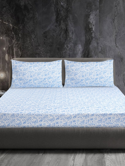 

LUSH & BEYOND Blue & White Floral 300 TC King Cotton Bedsheet with 2 Pillow Covers