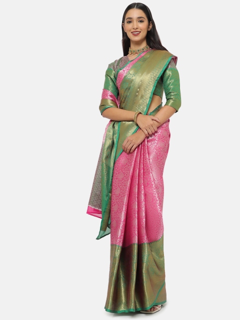 

Saaki Pink & Green Woven Design Zari Banarasi Saree