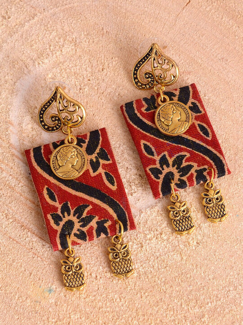 

kashwini Gold-Plated Maroon Brass Fabric Drop Earrings