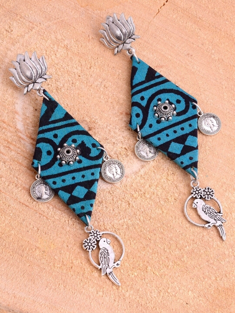 

kashwini Silver-Plated Blue Fabric Contemporary Drop Earrings